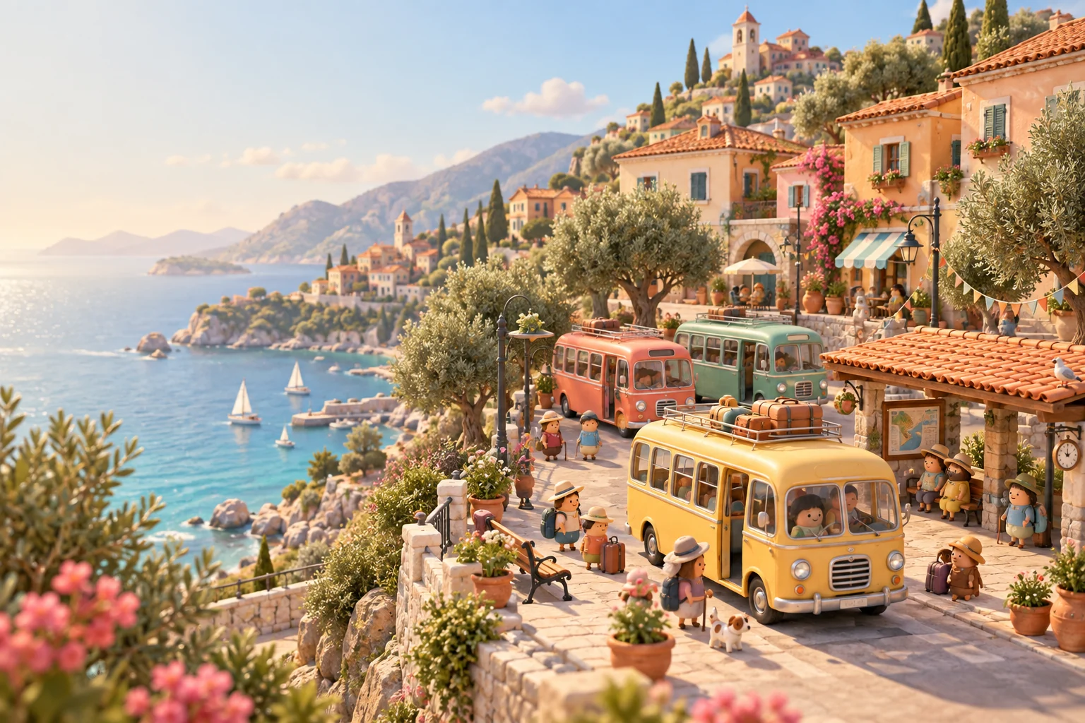 A sunny seaside town with vintage buses and little travellers