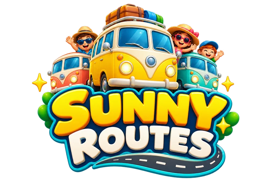Sunny Routes — colourful buses and little travellers