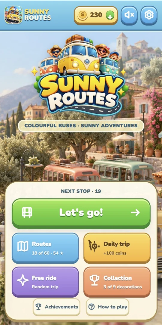 Sunny Routes home screen with the seaside town