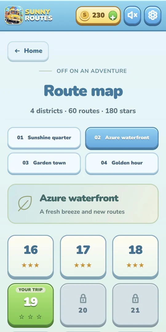 Route map showing stars earned by completing levels